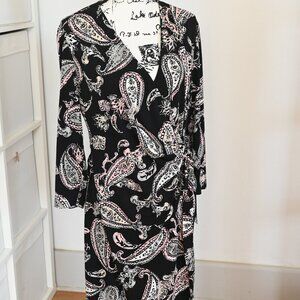 Black Label Evan Picone Sz 14 Black Paisley Print Knee Length Dress Faux Wrap